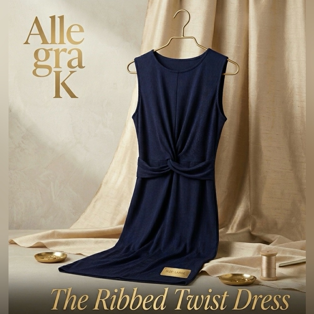 Allegra K Woman’s Bodycon Navy Blue Ribbed Twist Front Wrap Waist Midi Dress L